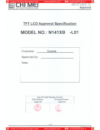 . Various Panel CMO N141XB-L01 1 [DS]  . Various LCD Panels Panel_CMO_N141XB-L01_1_[DS].pdf