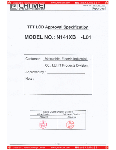 . Various Panel CMO N141XB-L01 2 [DS]  . Various LCD Panels Panel_CMO_N141XB-L01_2_[DS].pdf