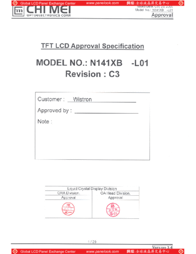 . Various Panel CMO N141XB-L01 3 [DS]  . Various LCD Panels Panel_CMO_N141XB-L01_3_[DS].pdf