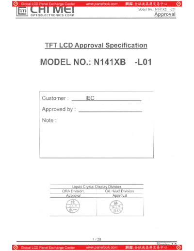 . Various Panel CMO N141XB-L01 5 [DS]  . Various LCD Panels Panel_CMO_N141XB-L01_5_[DS].pdf