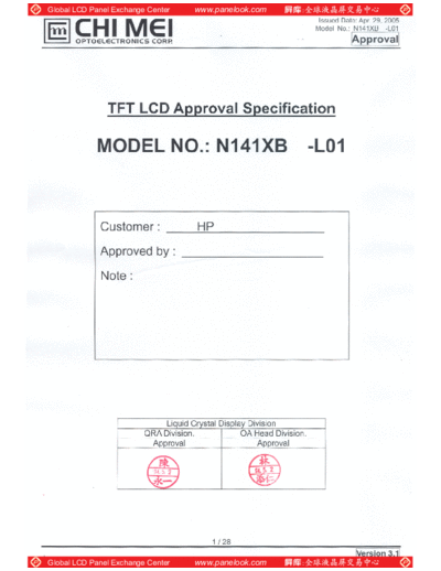 . Various Panel CMO N141XB-L01 6 [DS]  . Various LCD Panels Panel_CMO_N141XB-L01_6_[DS].pdf