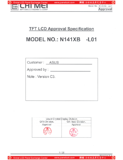 . Various Panel CMO N141XB-L01 7 [DS]  . Various LCD Panels Panel_CMO_N141XB-L01_7_[DS].pdf