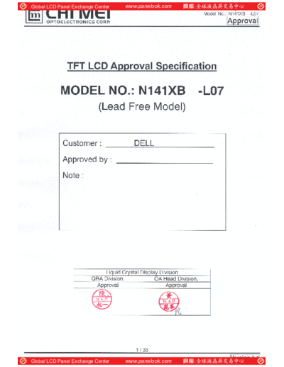 . Various Panel CMO N141XB-L07 0 [DS]  . Various LCD Panels Panel_CMO_N141XB-L07_0_[DS].pdf