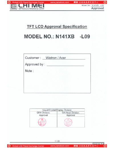 . Various Panel CMO N141XB-L09 0 [DS]  . Various LCD Panels Panel_CMO_N141XB-L09_0_[DS].pdf