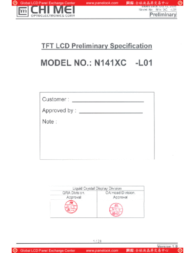 . Various Panel CMO N141XC-L01 0 [DS]  . Various LCD Panels Panel_CMO_N141XC-L01_0_[DS].pdf