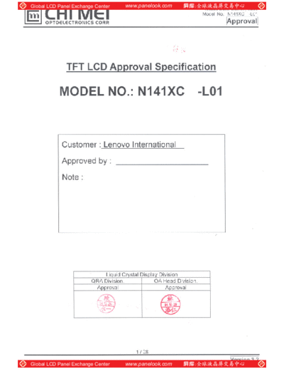 . Various Panel CMO N141XC-L01 3 [DS]  . Various LCD Panels Panel_CMO_N141XC-L01_3_[DS].pdf