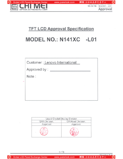 . Various Panel CMO N141XC-L01 4 [DS]  . Various LCD Panels Panel_CMO_N141XC-L01_4_[DS].pdf