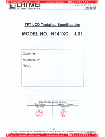 . Various Panel CMO N141XC-L01 5 [DS]  . Various LCD Panels Panel_CMO_N141XC-L01_5_[DS].pdf