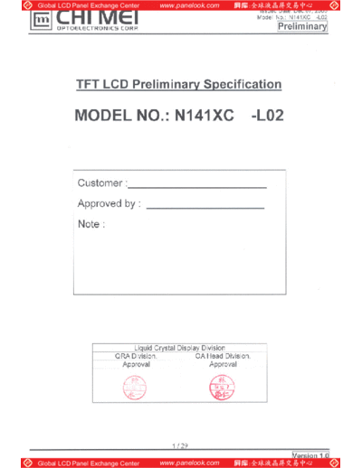 . Various Panel CMO N141XC-L02 0 [DS]  . Various LCD Panels Panel_CMO_N141XC-L02_0_[DS].pdf
