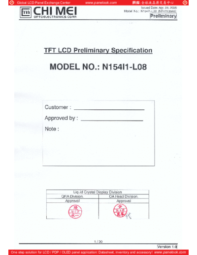 . Various Panel CMO N154I1-L08 1 [DS]  . Various LCD Panels Panel_CMO_N154I1-L08_1_[DS].pdf