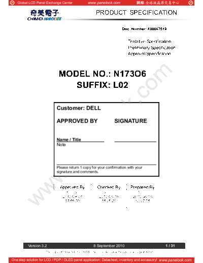 . Various Panel CMO N173O6-L02 8 [DS]  . Various LCD Panels Panel_CMO_N173O6-L02_8_[DS].pdf