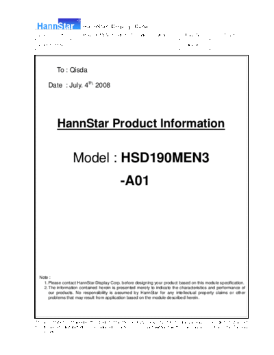. Various Panel HannStar HSD190MEN3-A01 1 [DS]  . Various LCD Panels Panel_HannStar_HSD190MEN3-A01_1_[DS].pdf