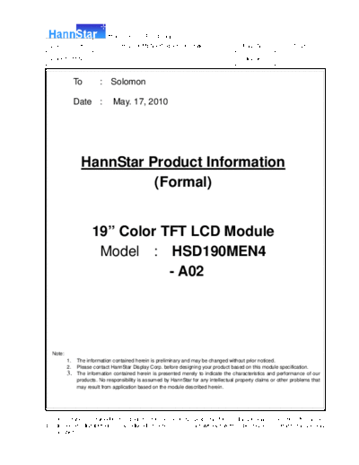 . Various Panel HannStar HSD190MEN4-A02 0 [DS]  . Various LCD Panels Panel_HannStar_HSD190MEN4-A02_0_[DS].pdf