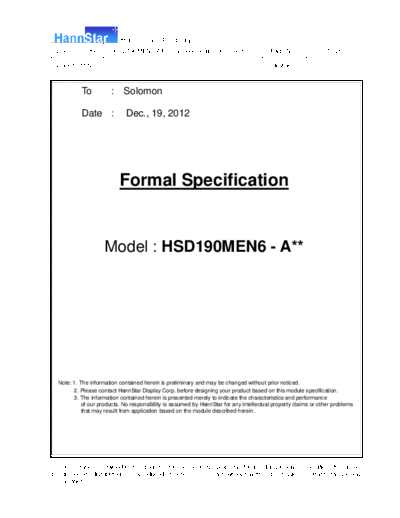 . Various Panel HannStar HSD190MEN6-A 0 [DS]  . Various LCD Panels Panel_HannStar_HSD190MEN6-A_0_[DS].pdf