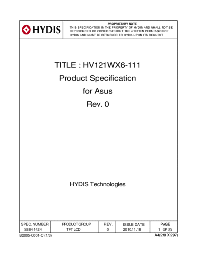 . Various Panel HYDIS HV121WX6-111 0 [DS]  . Various LCD Panels Panel_HYDIS_HV121WX6-111_0_[DS].pdf