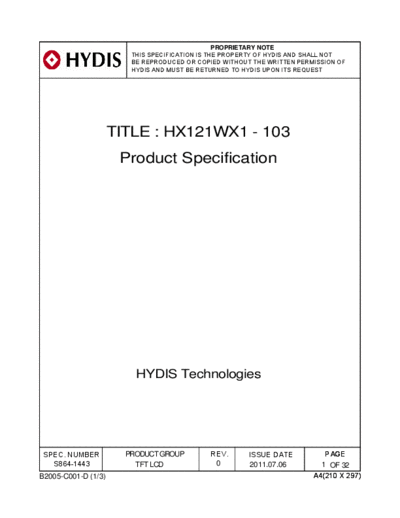 . Various Panel HYDIS HX121WX1-103 0 [DS]  . Various LCD Panels Panel_HYDIS_HX121WX1-103_0_[DS].pdf
