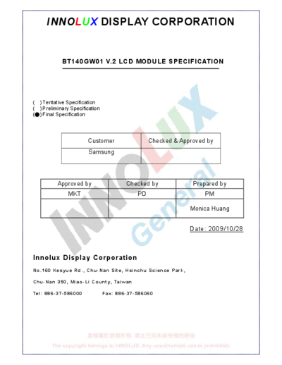 . Various Panel INNOLUX BT140GW01 V-2 0 [DS]  . Various LCD Panels Panel_INNOLUX_BT140GW01_V-2_0_[DS].pdf