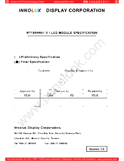 . Various Panel INNOLUX MT190AW01 V-1 0 [DS]  . Various LCD Panels Panel_INNOLUX_MT190AW01_V-1_0_[DS].pdf