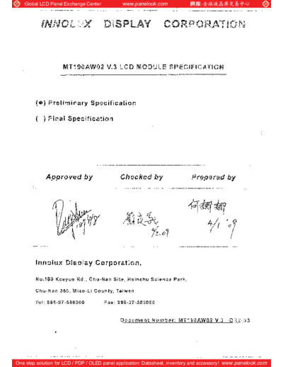 . Various Panel INNOLUX MT190AW02 V-3 0 [DS]  . Various LCD Panels Panel_INNOLUX_MT190AW02_V-3_0_[DS].pdf