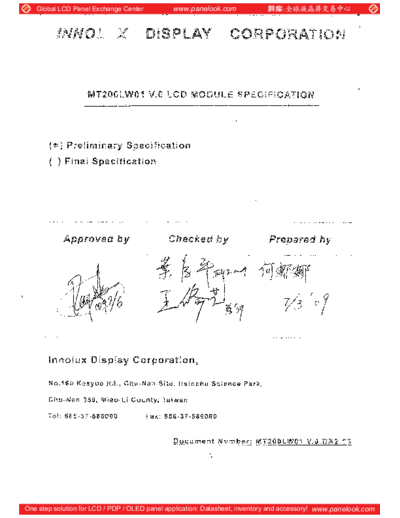. Various Panel INNOLUX MT200LW01 V-0 0 [DS]  . Various LCD Panels Panel_INNOLUX_MT200LW01_V-0_0_[DS].pdf