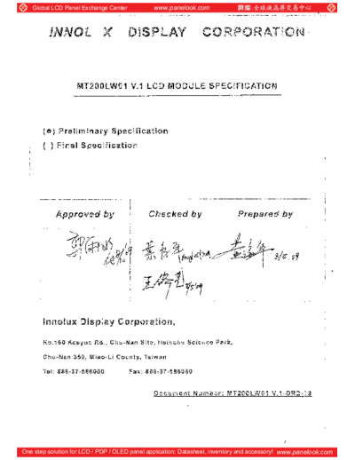 . Various Panel INNOLUX MT200LW01 V-1 1 [DS]  . Various LCD Panels Panel_INNOLUX_MT200LW01_V-1_1_[DS].pdf