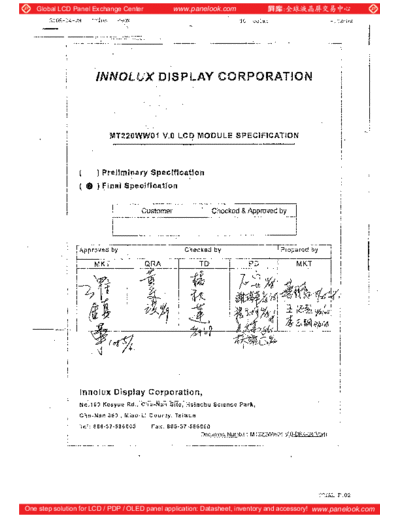 . Various Panel INNOLUX MT220WW01 V-0 1 [DS]  . Various LCD Panels Panel_INNOLUX_MT220WW01_V-0_1_[DS].pdf