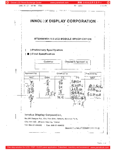 . Various Panel INNOLUX MT220WW01 V-5 0 [DS]  . Various LCD Panels Panel_INNOLUX_MT220WW01_V-5_0_[DS].pdf