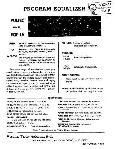 PULTEC (US) Pultec EQP1A  . Rare and Ancient Equipment PULTEC (US) EQP1A Pultec_EQP1A.pdf