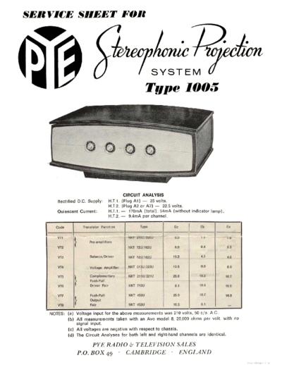 PYE (GB) ve pye 1005 service sheet en  . Rare and Ancient Equipment PYE (GB) 1005 ve_pye_1005_service_sheet_en.pdf