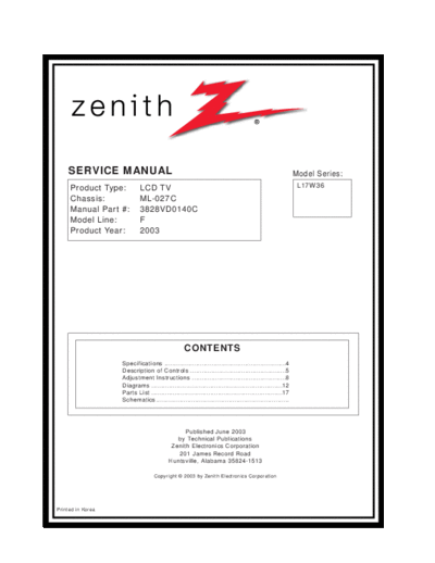 ZENITH Zineth L17W36  ZENITH TV L17W36 Zineth L17W36.zip