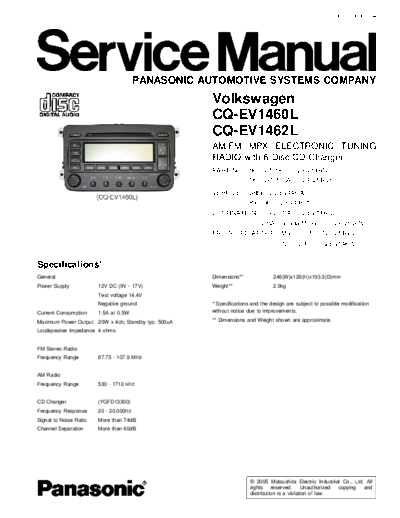 panasonic panasonic cq-ev1460 cq-ev1462l volkswagen  panasonic Car Audio CQ-EV1460L panasonic_cq-ev1460_cq-ev1462l_volkswagen.pdf