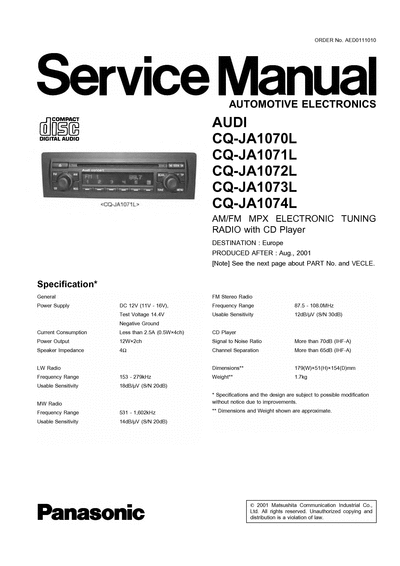 panasonic AUDI CQ-JA1070L CQ-JA1071 CQ-JA1072 CQ-JA1073 CQ-JA1074L  panasonic Car Audio CQ-JA1072 AUDI_CQ-JA1070L_CQ-JA1071_CQ-JA1072_CQ-JA1073_CQ-JA1074L.djvu