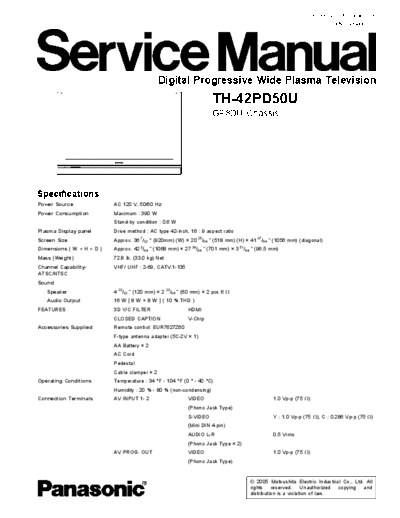 panasonic TH-42PD50U GP8DU  panasonic Plasma TV TH-42PD50U TH-42PD50U_GP8DU.pdf