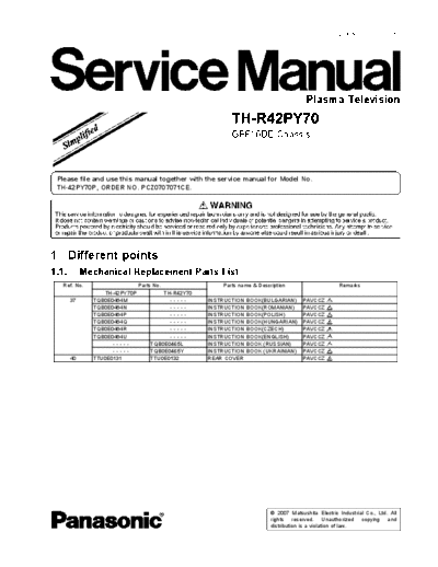 panasonic TH-R42PY70  panasonic Plasma TV TH-50PZ70E TH-R42PY70.pdf