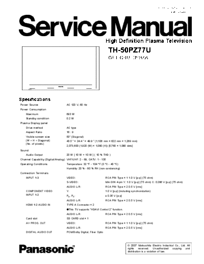 panasonic Panasonic+Plasma+TH-50PZ77U--GP10DHU+Chassis  panasonic Plasma TV TH-50PZ77U Panasonic+Plasma+TH-50PZ77U--GP10DHU+Chassis.pdf