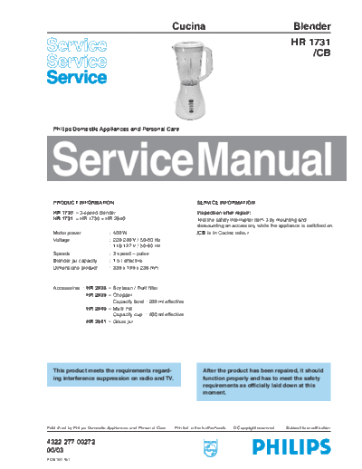 Philips HR1731CB SM 4579314271  Philips Household HR 1731 HR1731CB_SM_4579314271.pdf