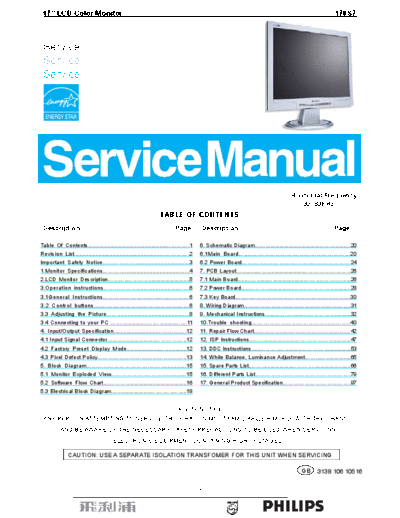 Philips Service manual - 170S7[1]  Philips Monitor 170S7 Service manual - 170S7[1].pdf