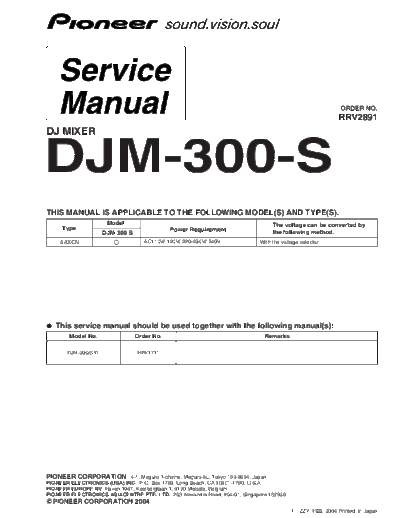 Pioneer PIONEER DJM-300-S RRV2891 MISCELLANEOUS PARTS  Pioneer Audio DJM-300-S PIONEER_DJM-300-S_RRV2891_MISCELLANEOUS_PARTS.pdf