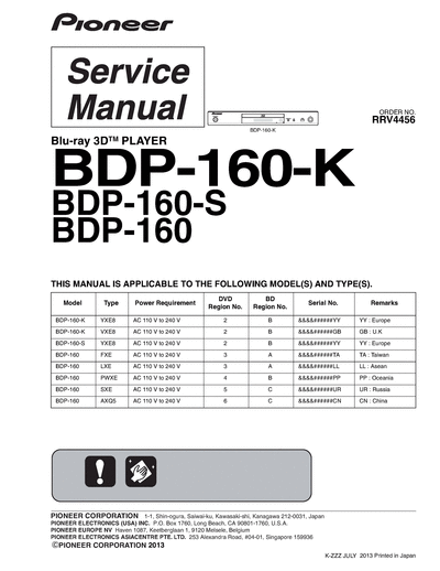 Pioneer bdp-160-k bdp-160-s rrv4456  Pioneer Blue Ray BDP-160-K BDP-160-S RRV4456 pioneer_bdp-160-k_bdp-160-s_rrv4456.djvu