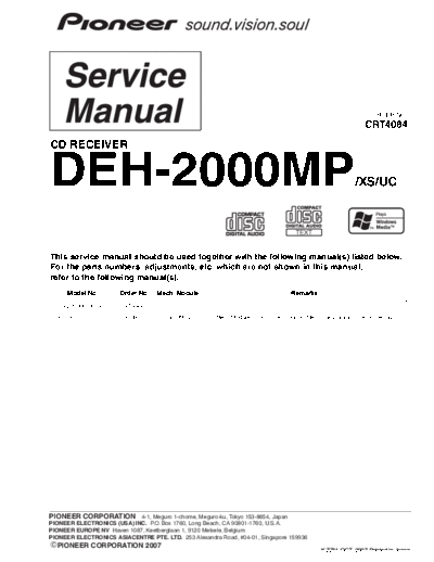 Pioneer pioneer deh-2000mp exploded-views and parts-list  Pioneer Car Audio DEH-2000MP pioneer_deh-2000mp_exploded-views_and_parts-list.pdf