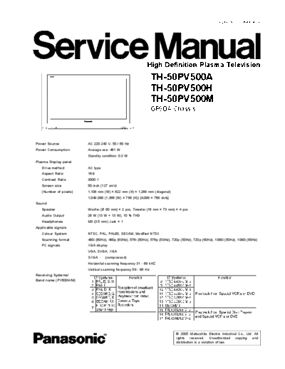 panasonic Panasonic TH-50PV500M TH-50PV500H [SM]  panasonic Training Manuals Panasonic TH-50PV500M TH-50PV500H [SM].rar