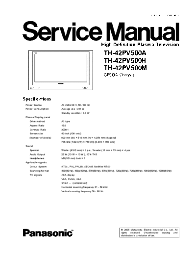 panasonic Panasonic TH-42PV500A TH-42PV500M TH-42PV500H [SM]  panasonic Training Manuals Panasonic TH-42PV500A TH-42PV500M TH-42PV500H [SM].rar