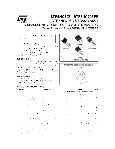 ST stp5nc70z  . Electronic Components Datasheets Active components Transistors ST stp5nc70z.pdf