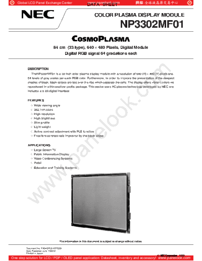 . Various Panel NEC NP3302MF01 0 [DS]  . Various LCD Panels Panel_NEC_NP3302MF01_0_[DS].pdf
