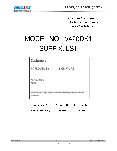 . Various Panel INNOLUX V420DK1-LS1 0 [DS]  . Various LCD Panels Panel_INNOLUX_V420DK1-LS1_0_[DS].pdf