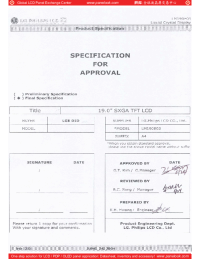. Various Panel LG-Philips LCD LM190E03-A4 0 [DS]  . Various LCD Panels Panel_LG-Philips_LCD_LM190E03-A4_0_[DS].pdf