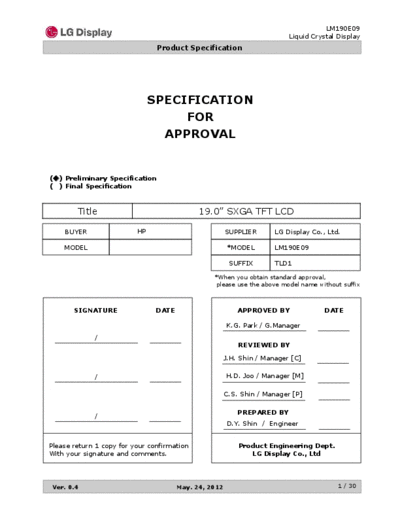 . Various Panel LG Display LM190E09-TLD1 1 [DS]  . Various LCD Panels Panel_LG_Display_LM190E09-TLD1_1_[DS].pdf