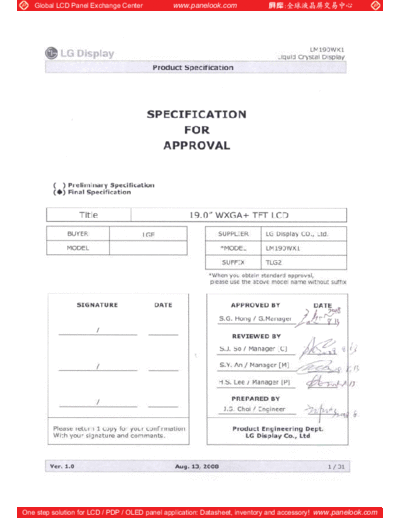 . Various Panel LG Display LM190WX1-TLG2 0 [DS]  . Various LCD Panels Panel_LG_Display_LM190WX1-TLG2_0_[DS].pdf