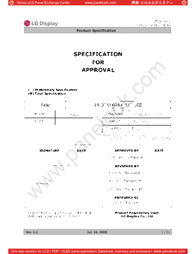 . Various Panel LG Display LM190WX1-TLL1 0 [DS]  . Various LCD Panels Panel_LG_Display_LM190WX1-TLL1_0_[DS].pdf