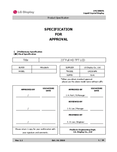 . Various Panel LG Display LM230WF6-SLA1 0 [DS]  . Various LCD Panels Panel_LG_Display_LM230WF6-SLA1_0_[DS].pdf